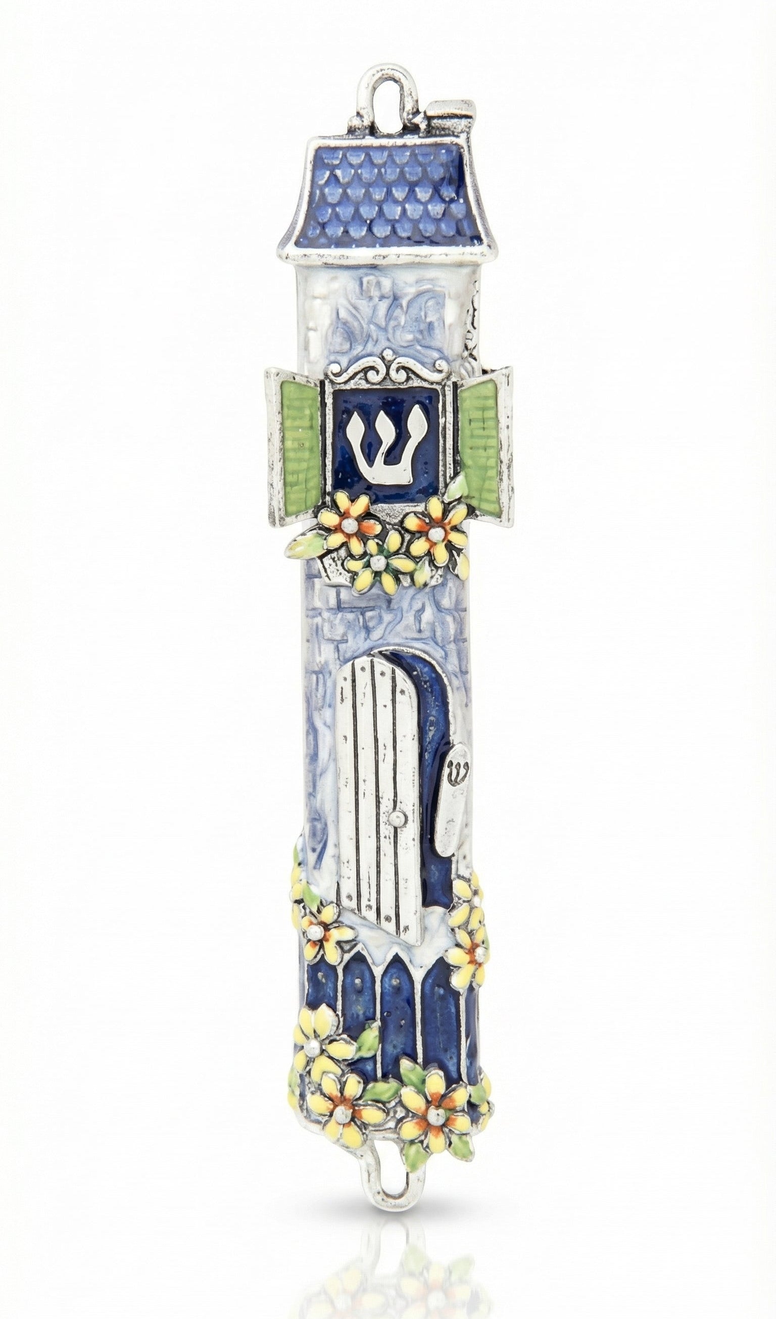 High-quality pewter mezuzah with hand-painted blue and white enamel, depicting a welcoming home with an open door and small mezuzah.