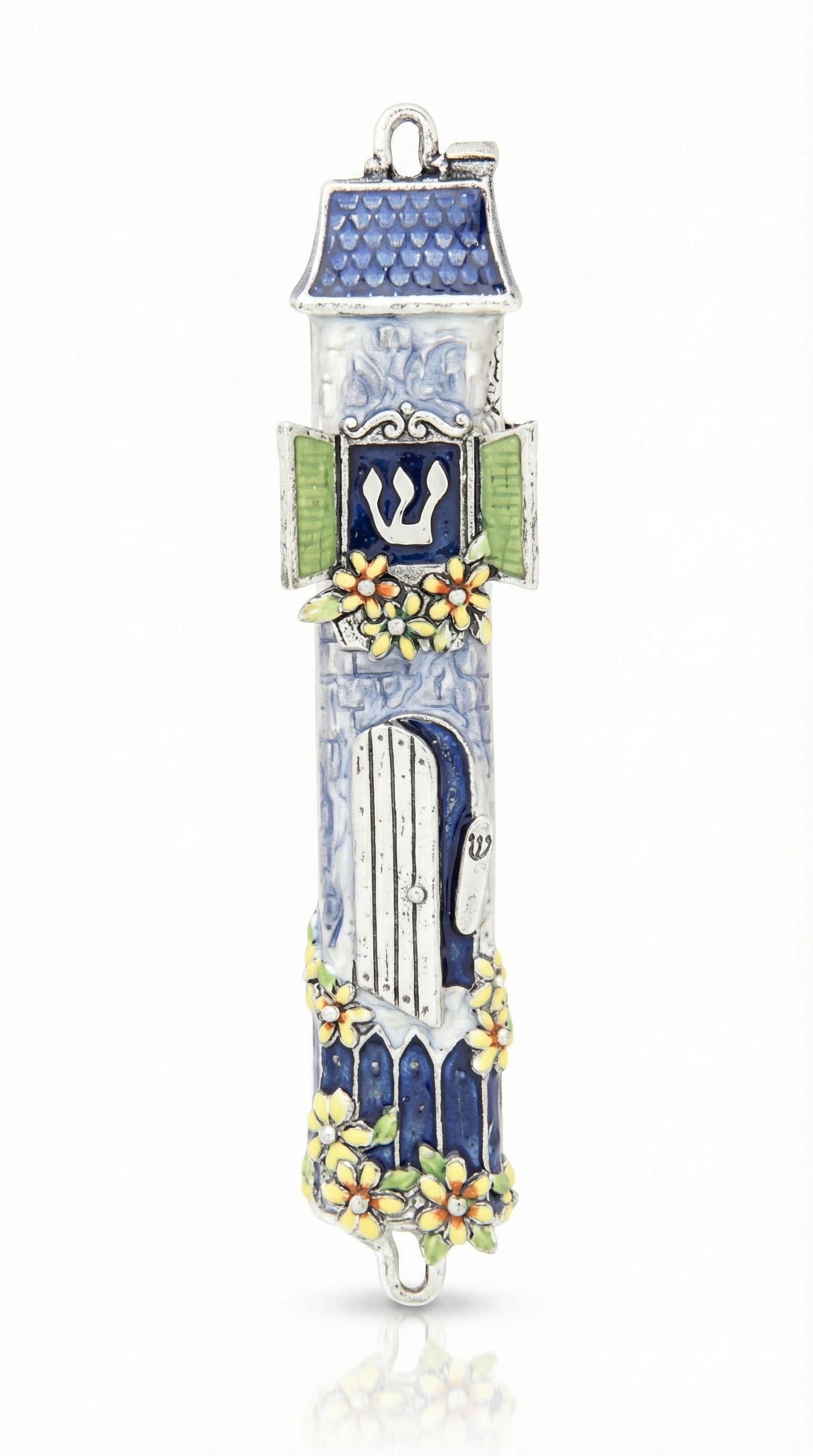 High-quality pewter mezuzah with hand-painted blue and white enamel, depicting a welcoming home with an open door and small mezuzah.
