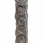 Elegant pewter Mezuzah titled Home Sweet Mezuzah, made in Israel, 4.5 inches tall, with detailed Hebrew engravings and decorative motifs for home blessing.