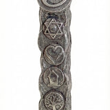 Elegant pewter Mezuzah titled Home Sweet Mezuzah, made in Israel, 4.5 inches tall, with detailed Hebrew engravings and decorative motifs for home blessing.