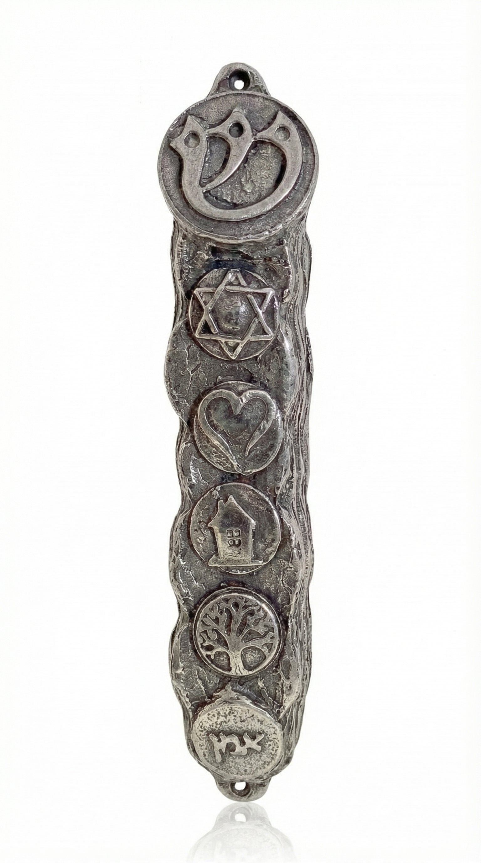 Elegant pewter Mezuzah titled Home Sweet Mezuzah, made in Israel, 4.5 inches tall, with detailed Hebrew engravings and decorative motifs for home blessing.