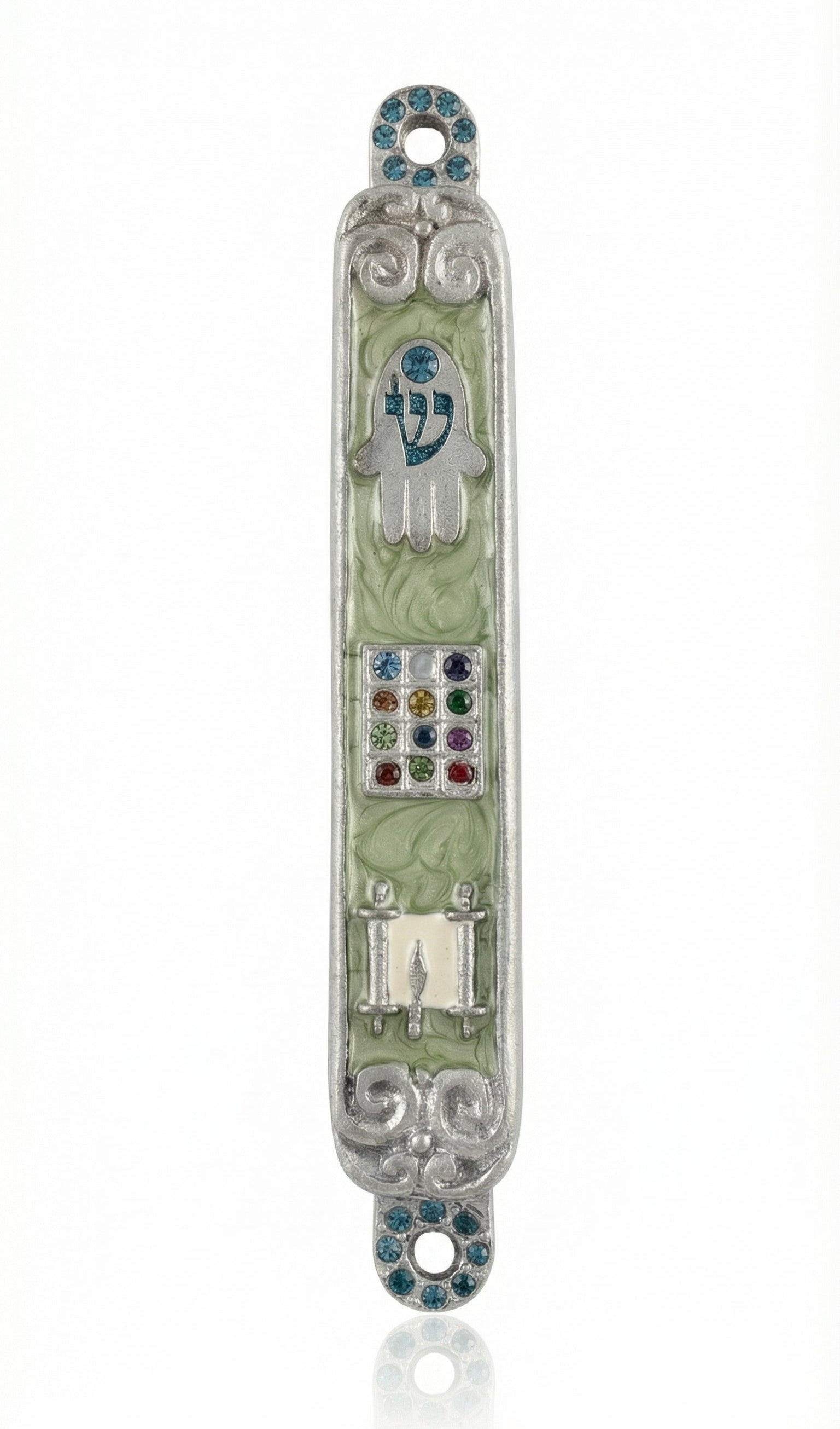 Close-up of an elegant Hoshen Mezuzah made in USA, with detailed Hebrew engravings and a polished finish, on a clean white background.