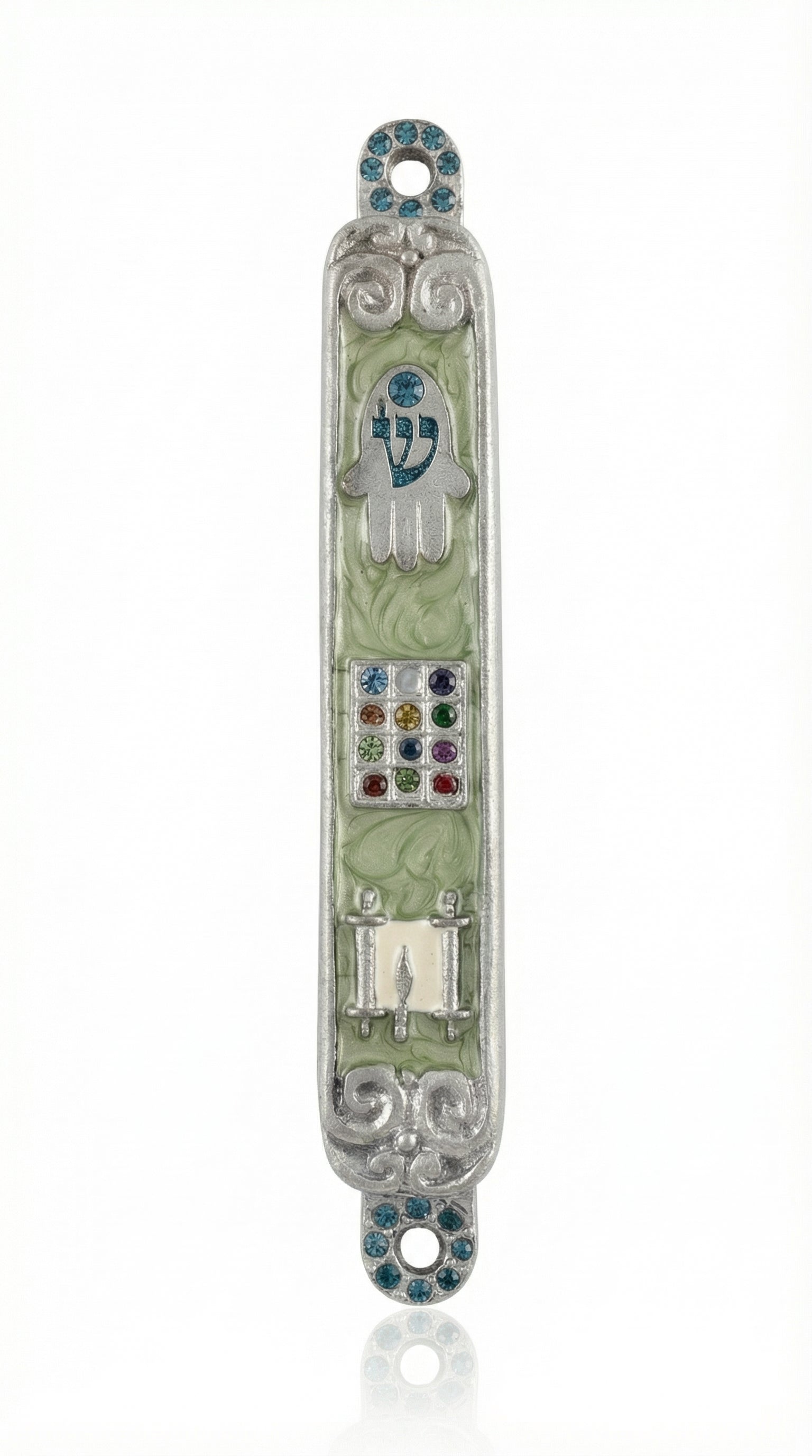 Close-up of an elegant Hoshen Mezuzah made in USA, with detailed Hebrew engravings and a polished finish, on a clean white background.