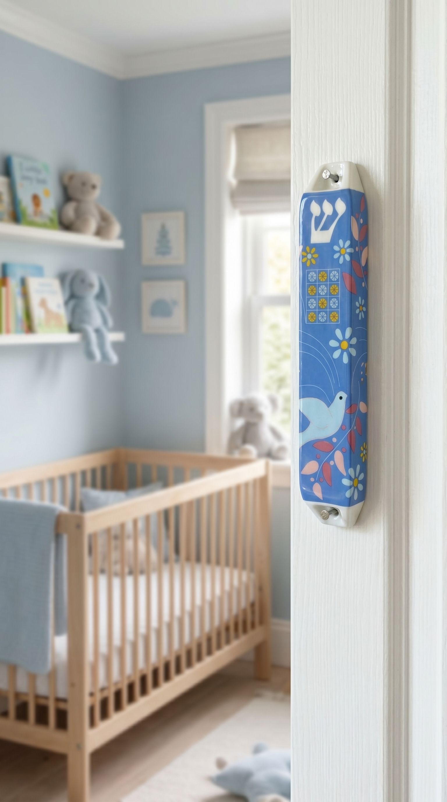 Indoor lifestyle doorway with mounted ceramic mezuzah on the left, room view with minimalist decor, natural lighting.