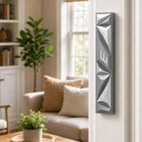 Cyber Prism Silver Geometric Mezuzah mounted on a residential doorpost in a natural indoor setting, positioned on the right side of the door.