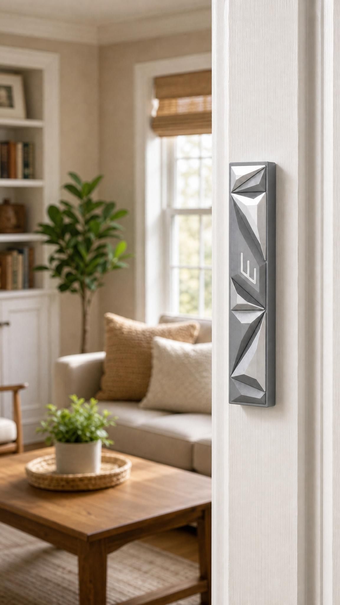 Cyber Prism Silver Geometric Mezuzah mounted on a residential doorpost in a natural indoor setting, positioned on the right side of the door.