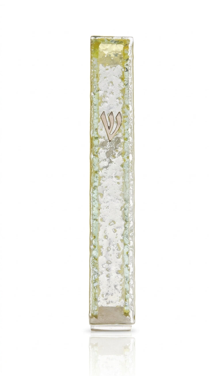 Icy glass Mezuzah with Hebrew inscriptions, modern design, clear details, and a sleek frosted appearance, mounted on a bright white background.