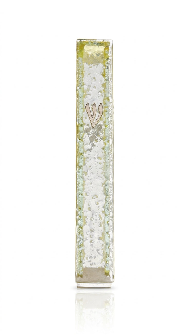 Icy glass Mezuzah with Hebrew inscriptions, modern design, clear details, and a sleek frosted appearance, mounted on a bright white background.