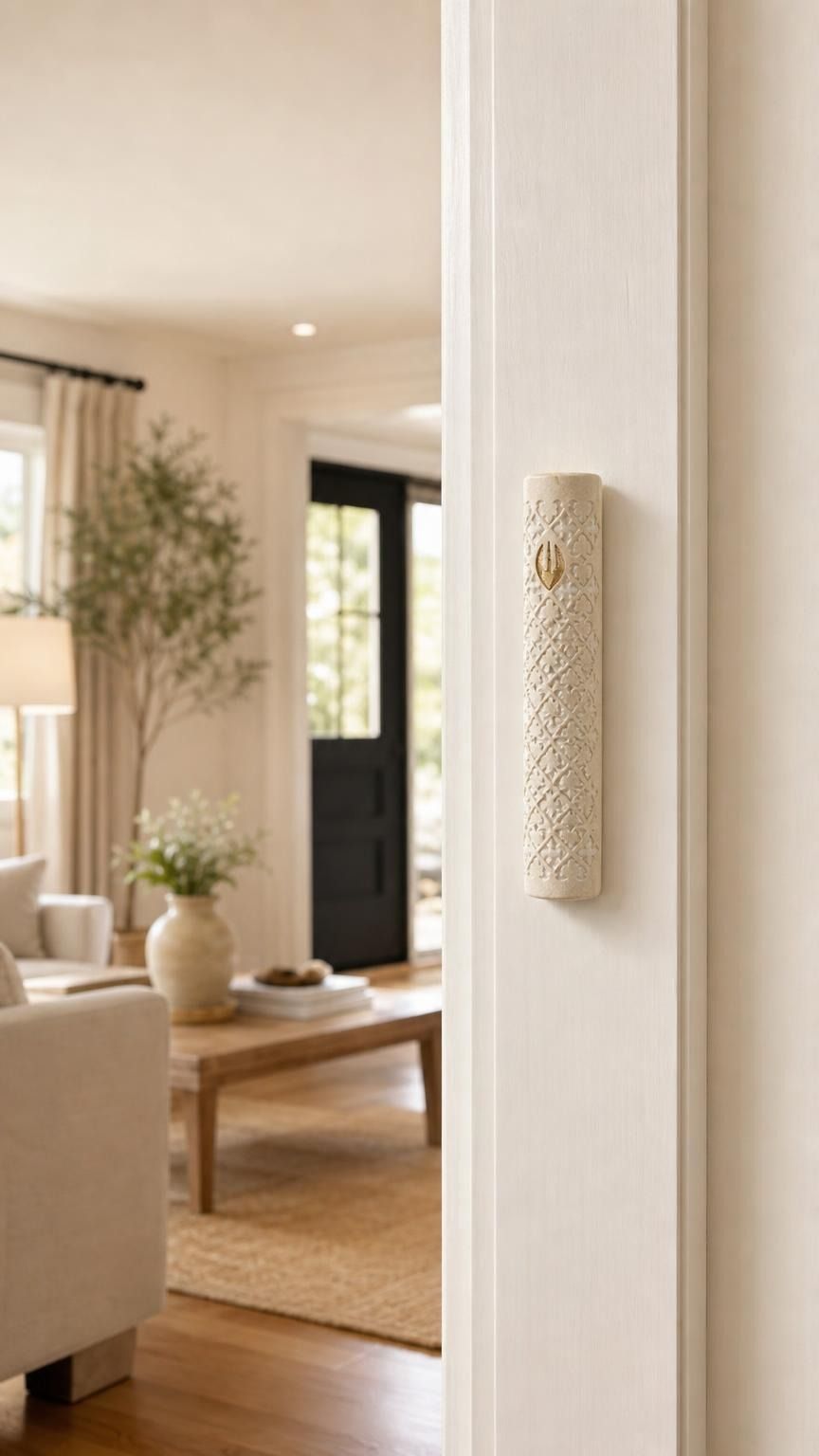 Indoor scene with Jerusalem stone mezuzah mounted on a residential doorpost during daytime, showcasing its carved lattice pattern and gold-tone shin.