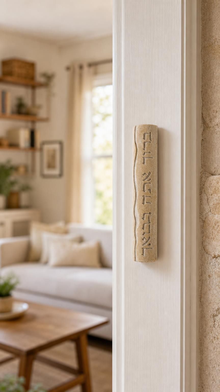 Real Jerusalem stone mezuzah mounted on a doorpost in an indoor setting, showcasing its natural cream color and Hebrew blessing inscription.