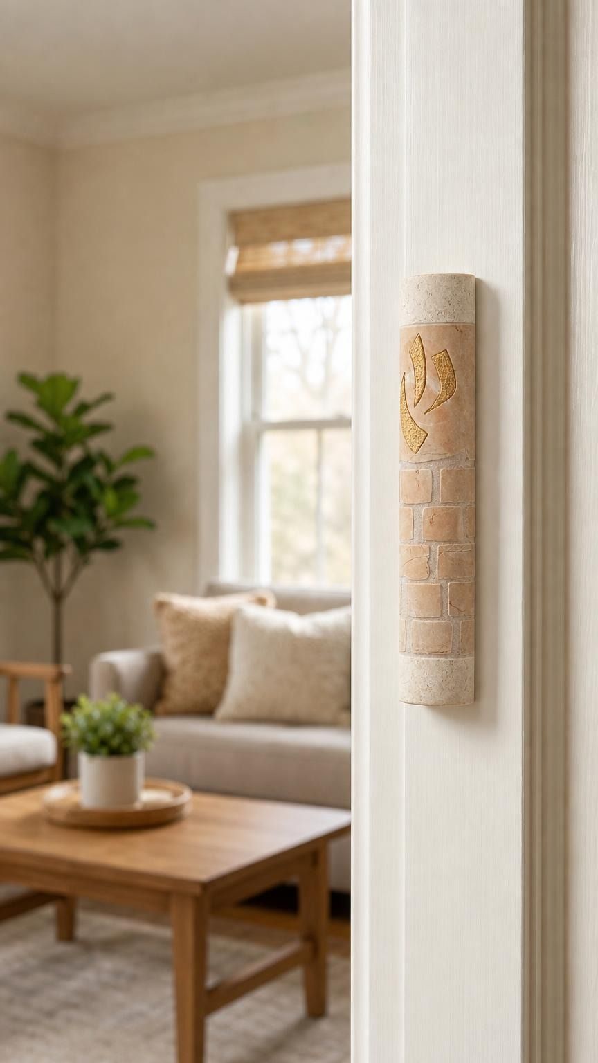 Five-inch Divine Shin stone mezuzah mounted vertically on the upper third of a doorpost.