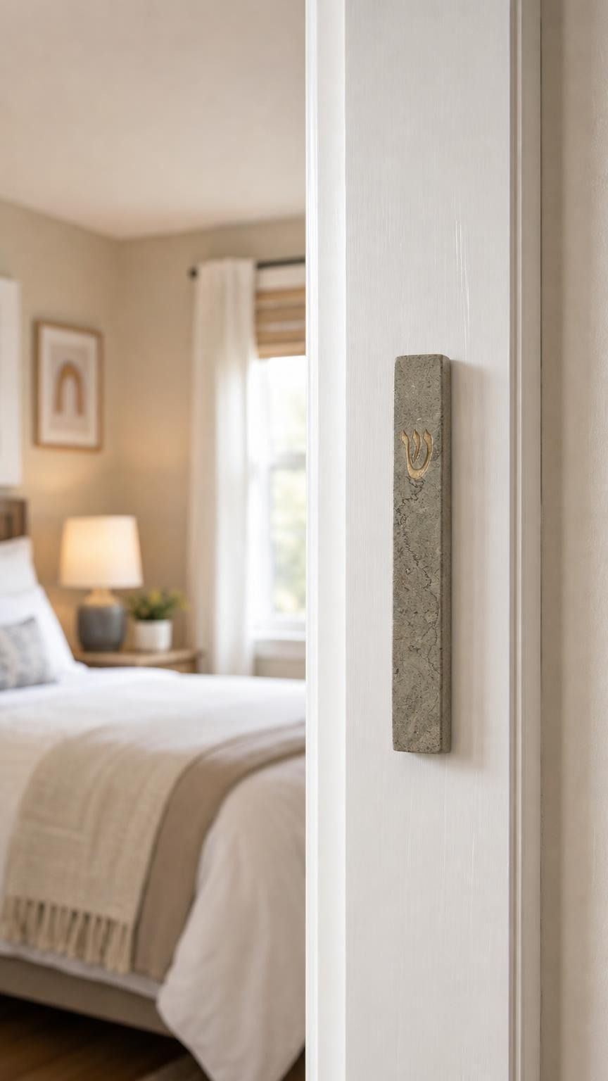 Real Jerusalem stone gray and gold mezuzah mounted on a doorframe in an indoor setting, positioned on the right side of the doorpost.