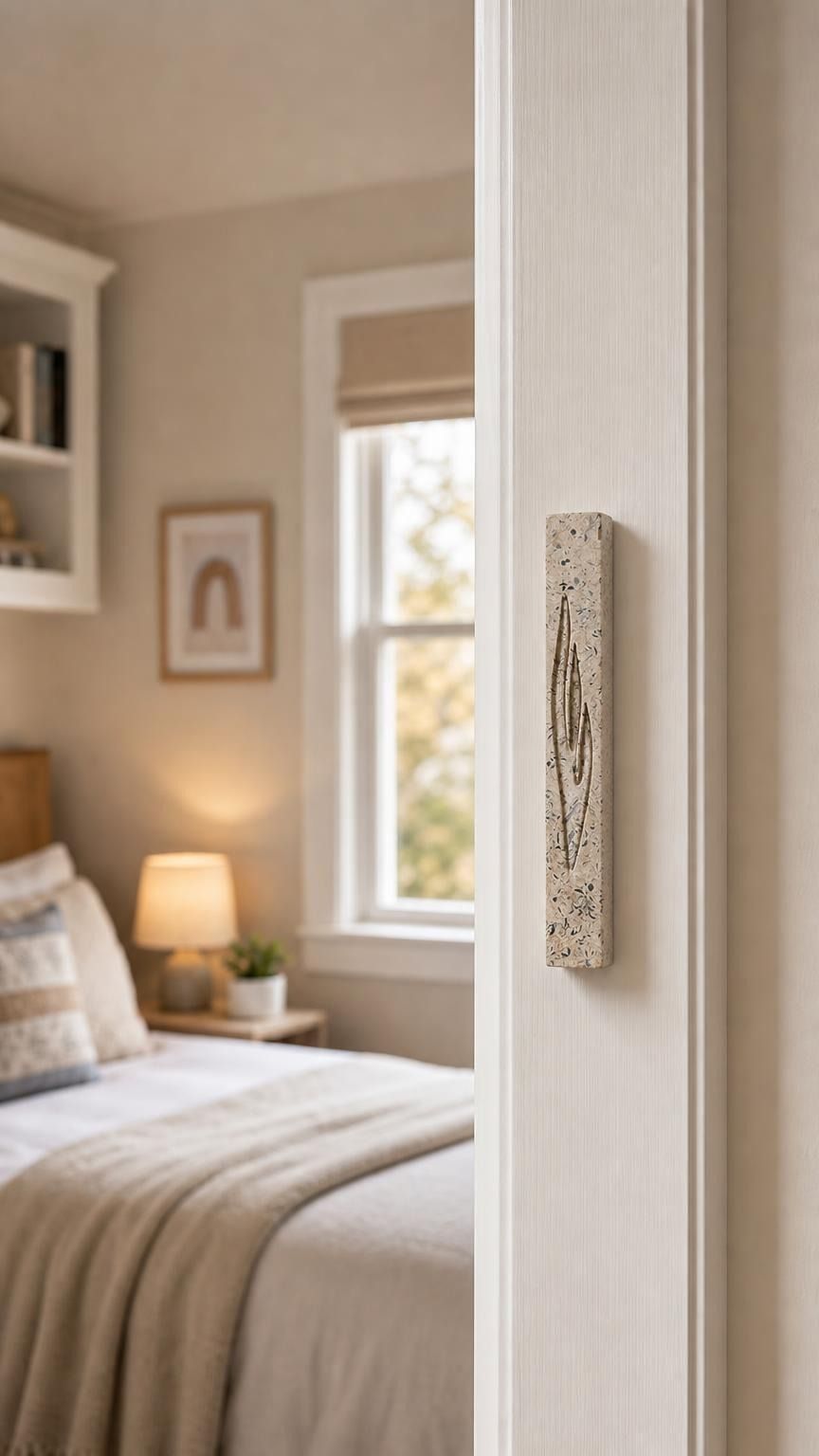 Real Jerusalem stone mezuzah mounted vertically on a residential doorpost at entrance, positioned within upper third for authentic setting.