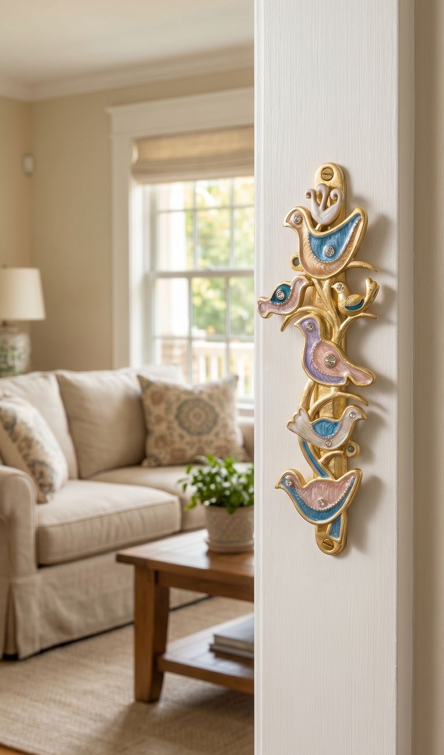 Hyper-realistic indoor doorway with the Shalom Birds Mezuzah mounted on the side, showcasing its gold, blue, pink, purple colors and detailed design.