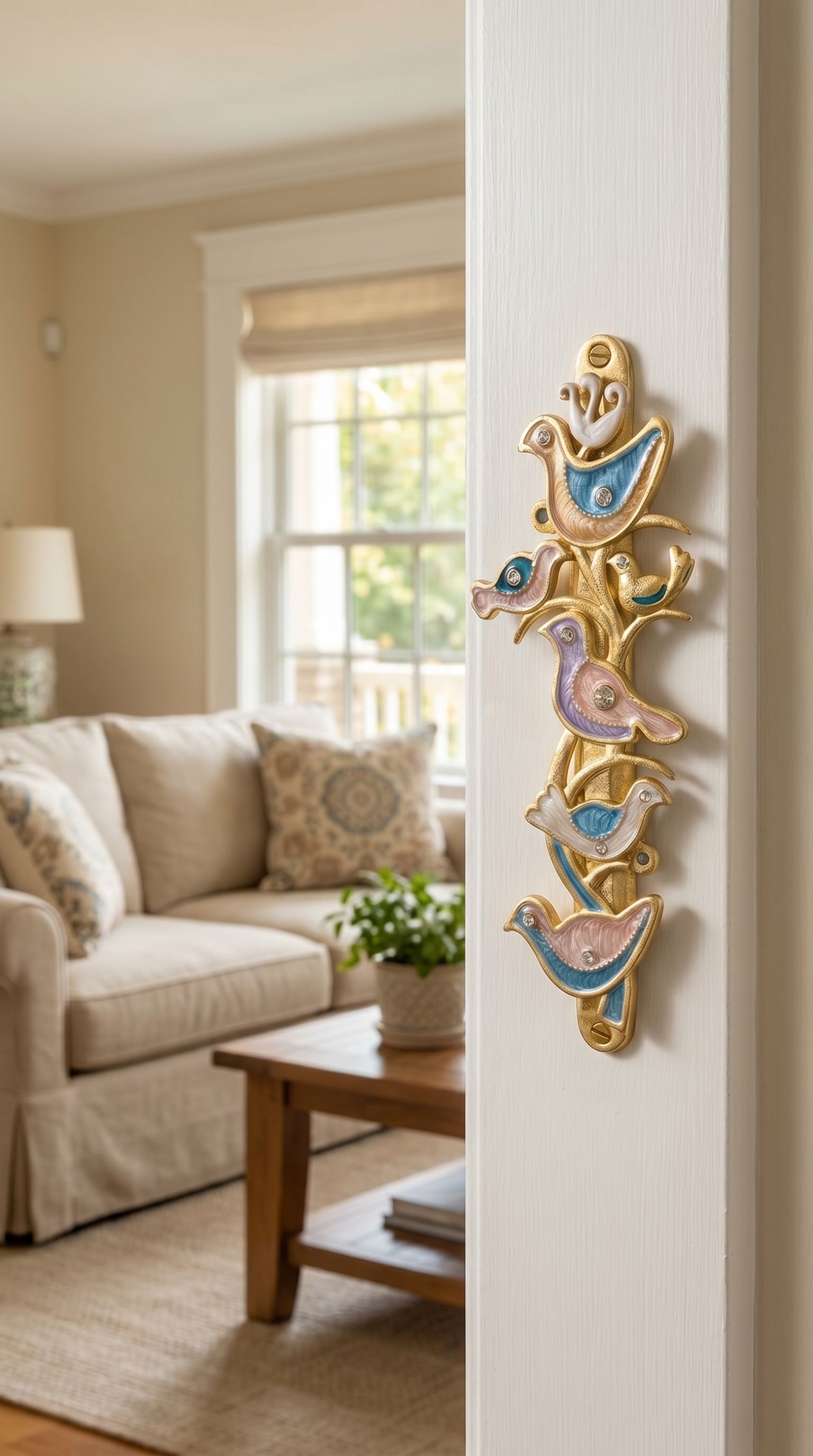 Hyper-realistic indoor doorway with the Shalom Birds Mezuzah mounted on the side, showcasing its gold, blue, pink, purple colors and detailed design.
