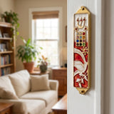 Hyper-realistic indoor lifestyle image of a doorway with a red enamel Dove Mezuzah mounted on the side, highlighting its colorful and symbolic design.