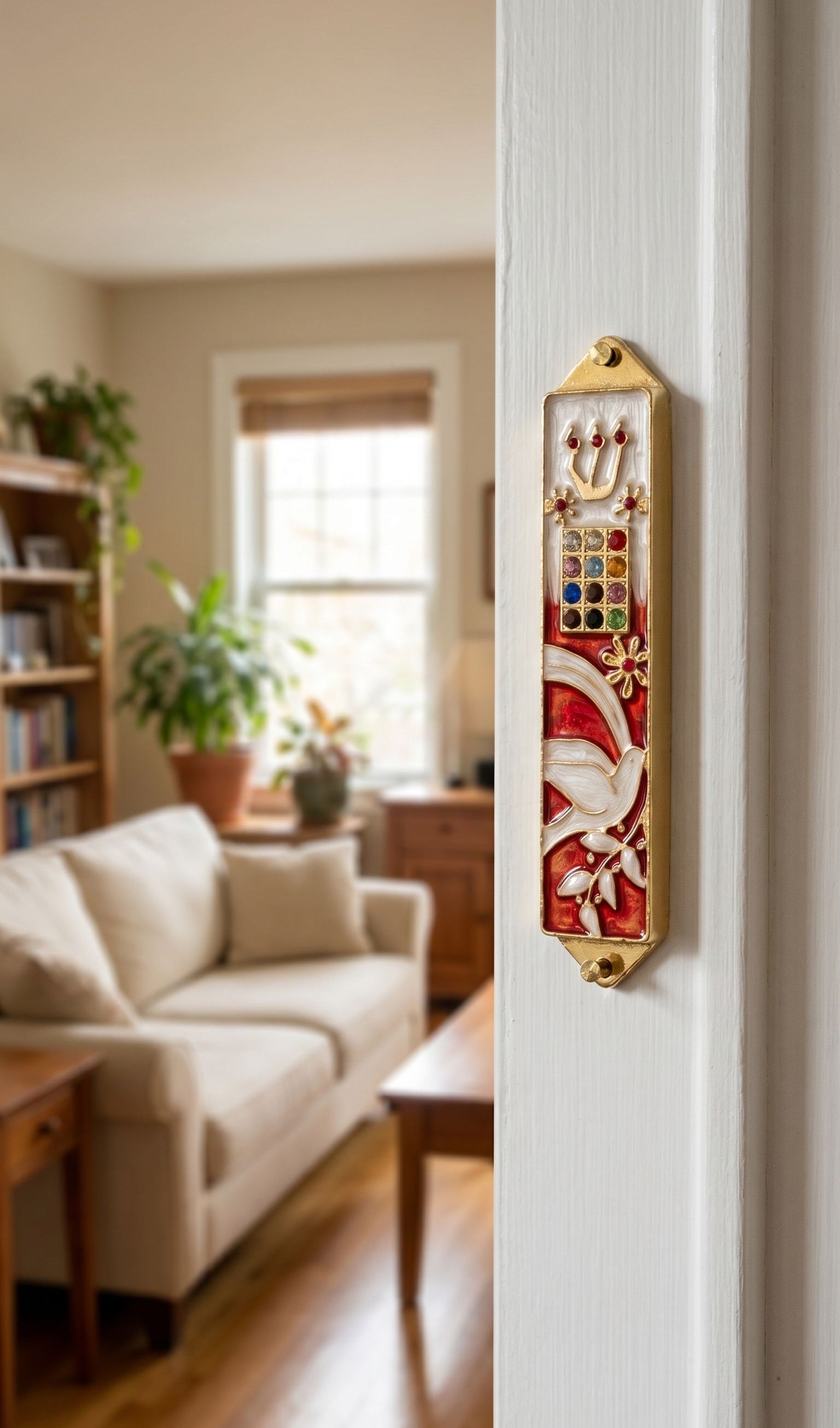Hyper-realistic indoor lifestyle image of a doorway with a red enamel Dove Mezuzah mounted on the side, highlighting its colorful and symbolic design.