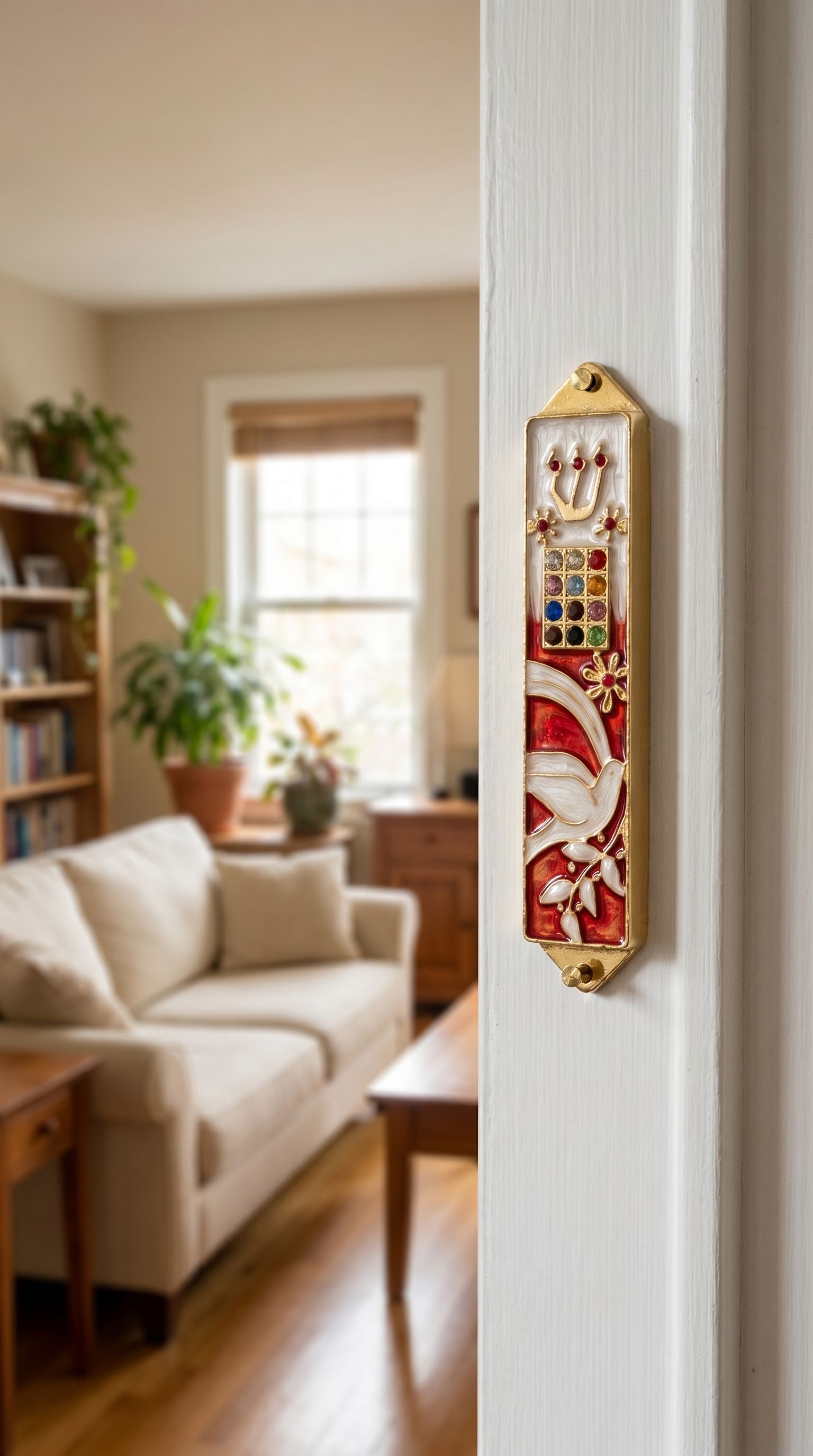 Hyper-realistic indoor lifestyle image of a doorway with a red enamel Dove Mezuzah mounted on the side, highlighting its colorful and symbolic design.