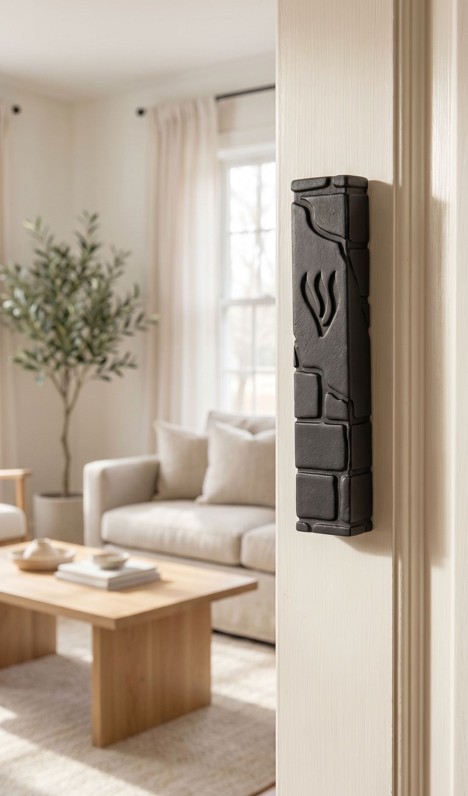 Hyper-realistic indoor doorway scene with black cement mezuzah mounted on the left side of the door frame, showcasing its details and placement.