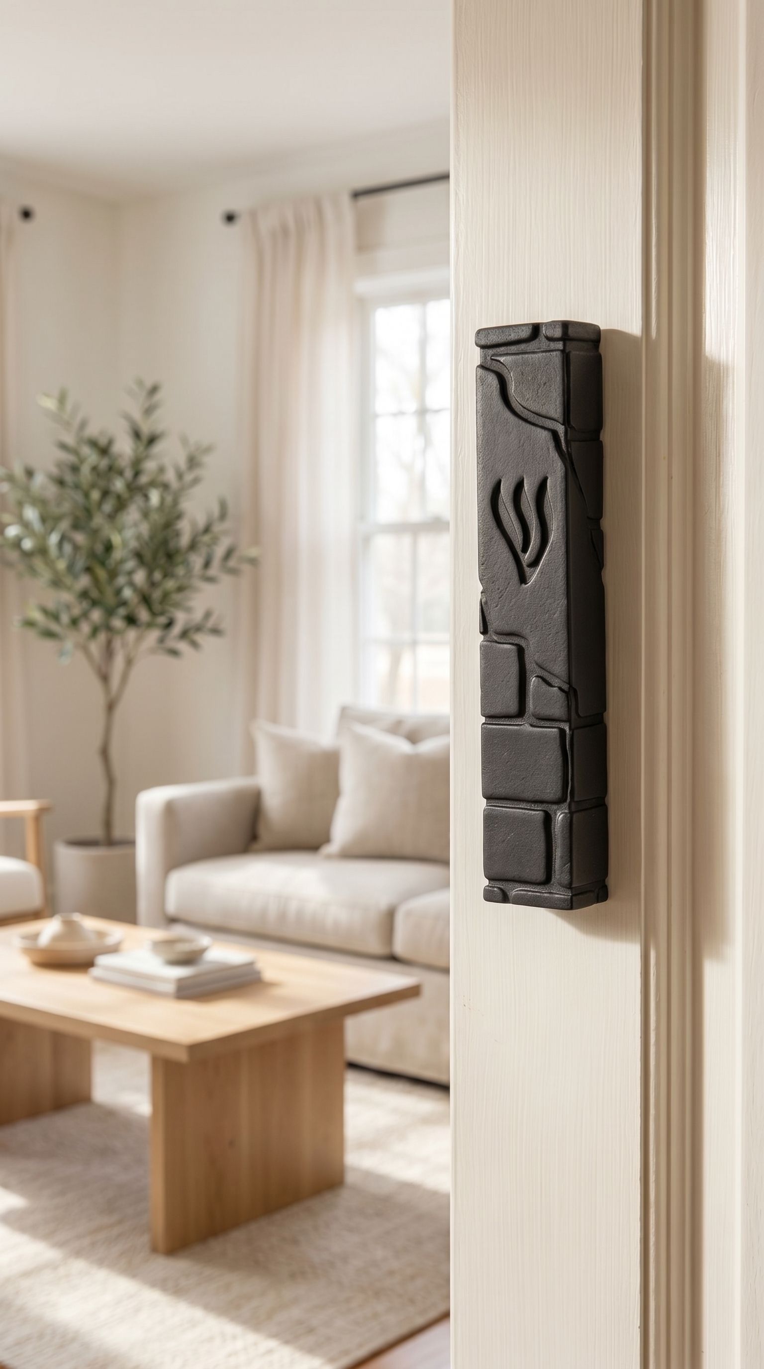 Hyper-realistic indoor doorway scene with black cement mezuzah mounted on the left side of the door frame, showcasing its details and placement.