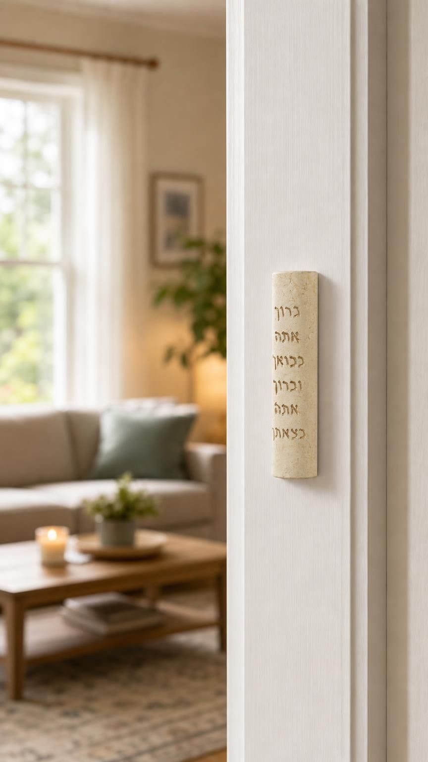 Indoor lifestyle scene showing Jerusalem stone mezuzah mounted on a residential doorpost from an approach perspective, natural lighting.
