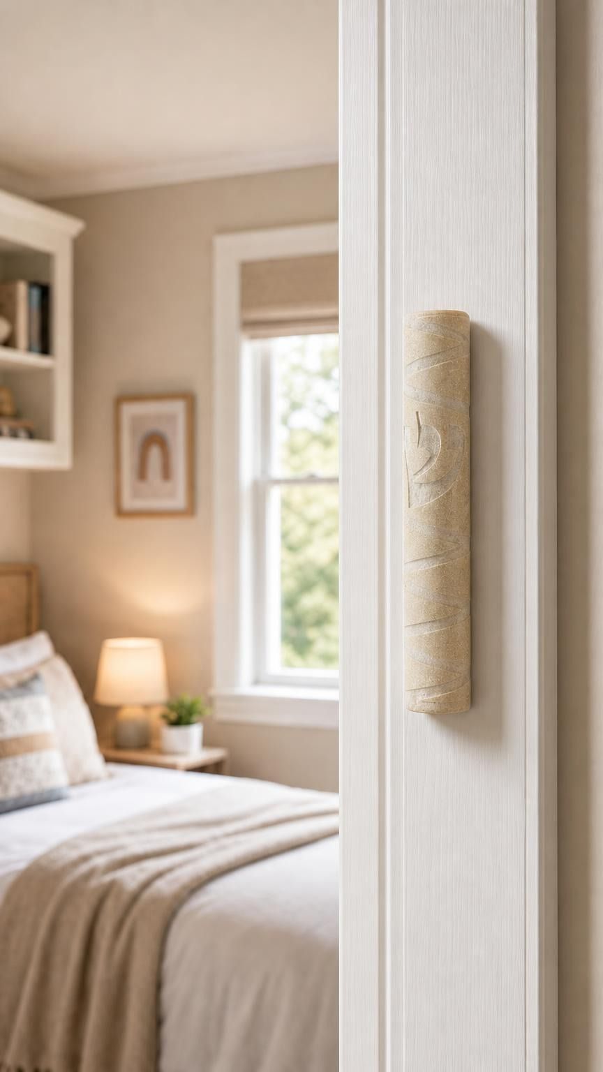 Real Jerusalem stone mezuzah mounted on a residential doorpost, positioned on the right, within the lower third, in a natural indoor doorway scene.