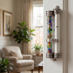 Hyper-realistic image of a doorway with a side-mounted mezuzah featuring wedding glass and scroll chambers.