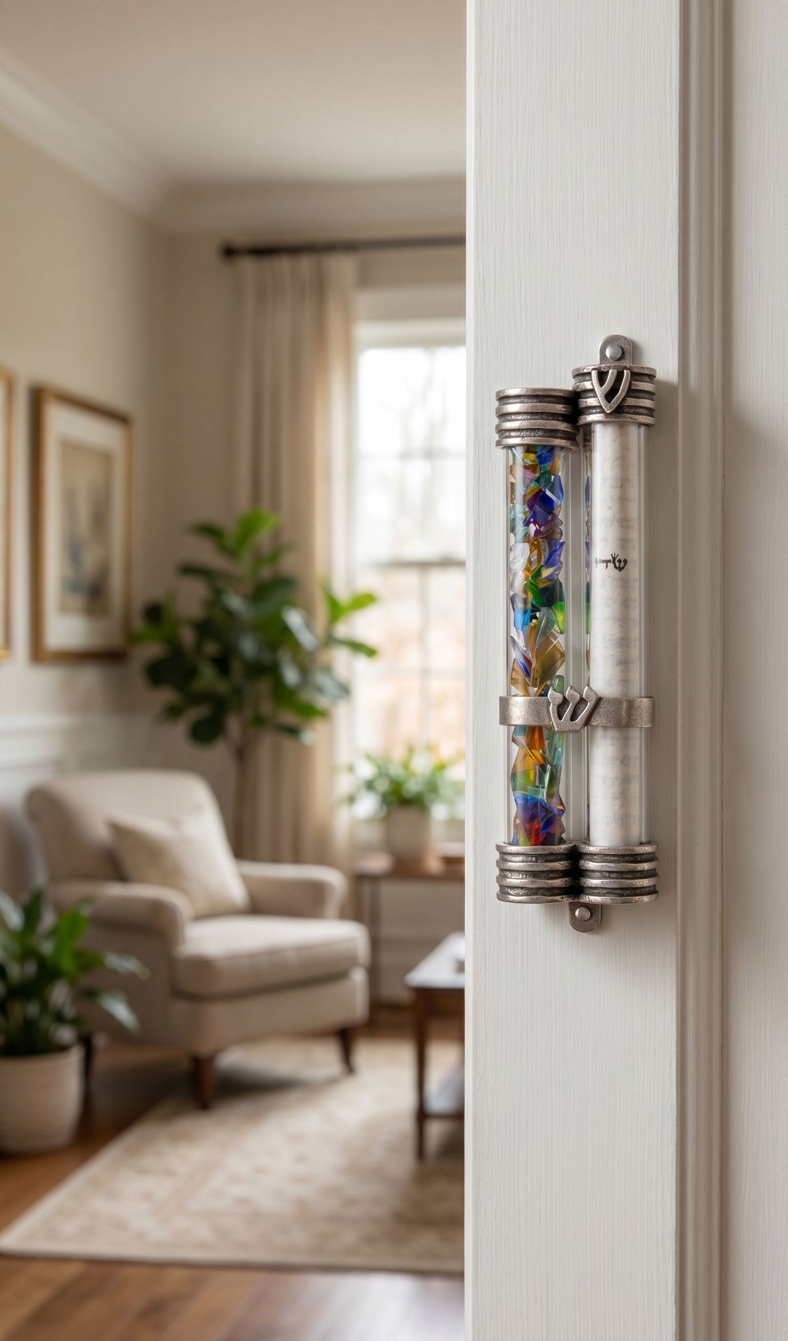 Hyper-realistic image of a doorway with a side-mounted mezuzah featuring wedding glass and scroll chambers.