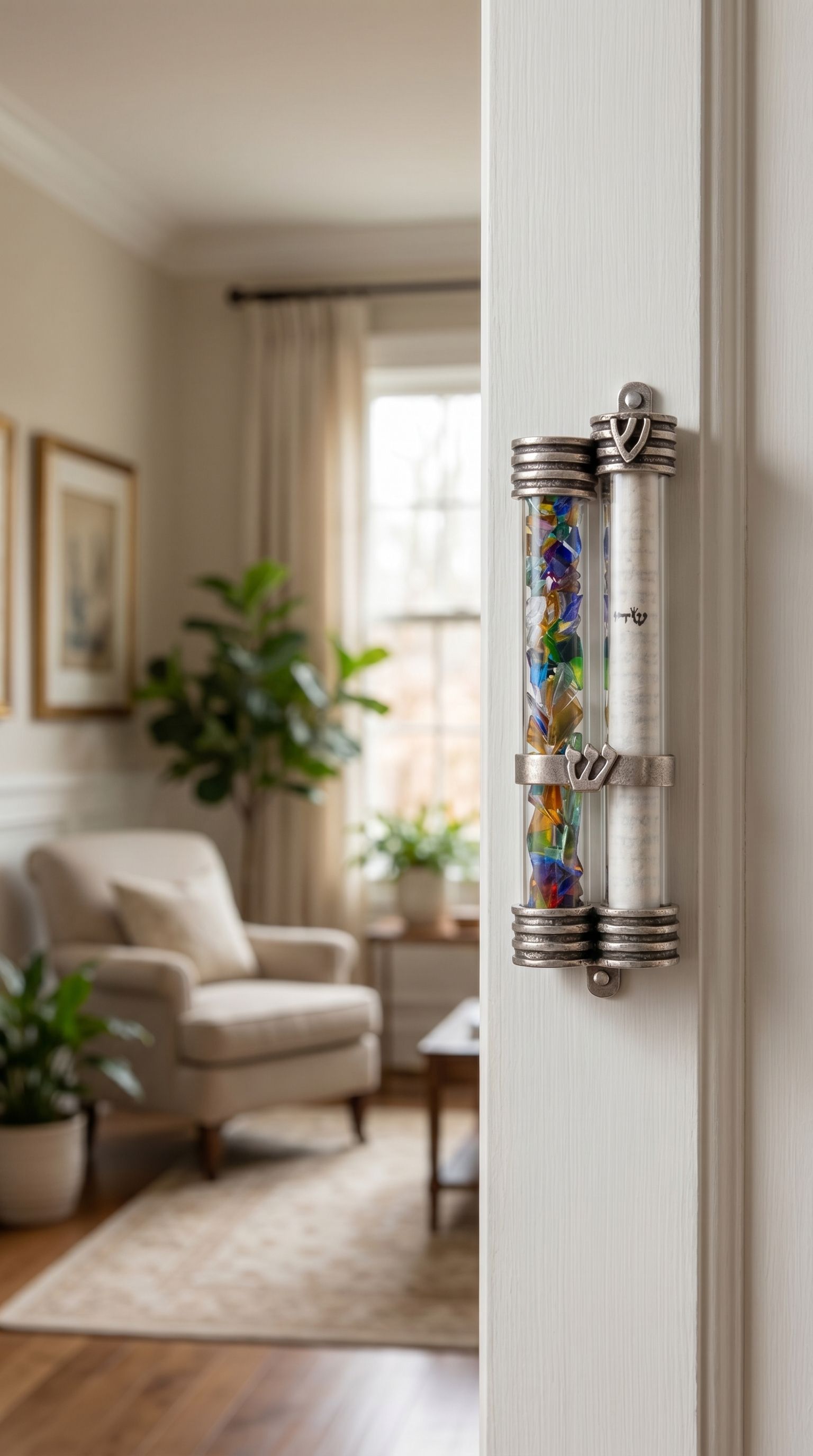 Hyper-realistic image of a doorway with a side-mounted mezuzah featuring wedding glass and scroll chambers.