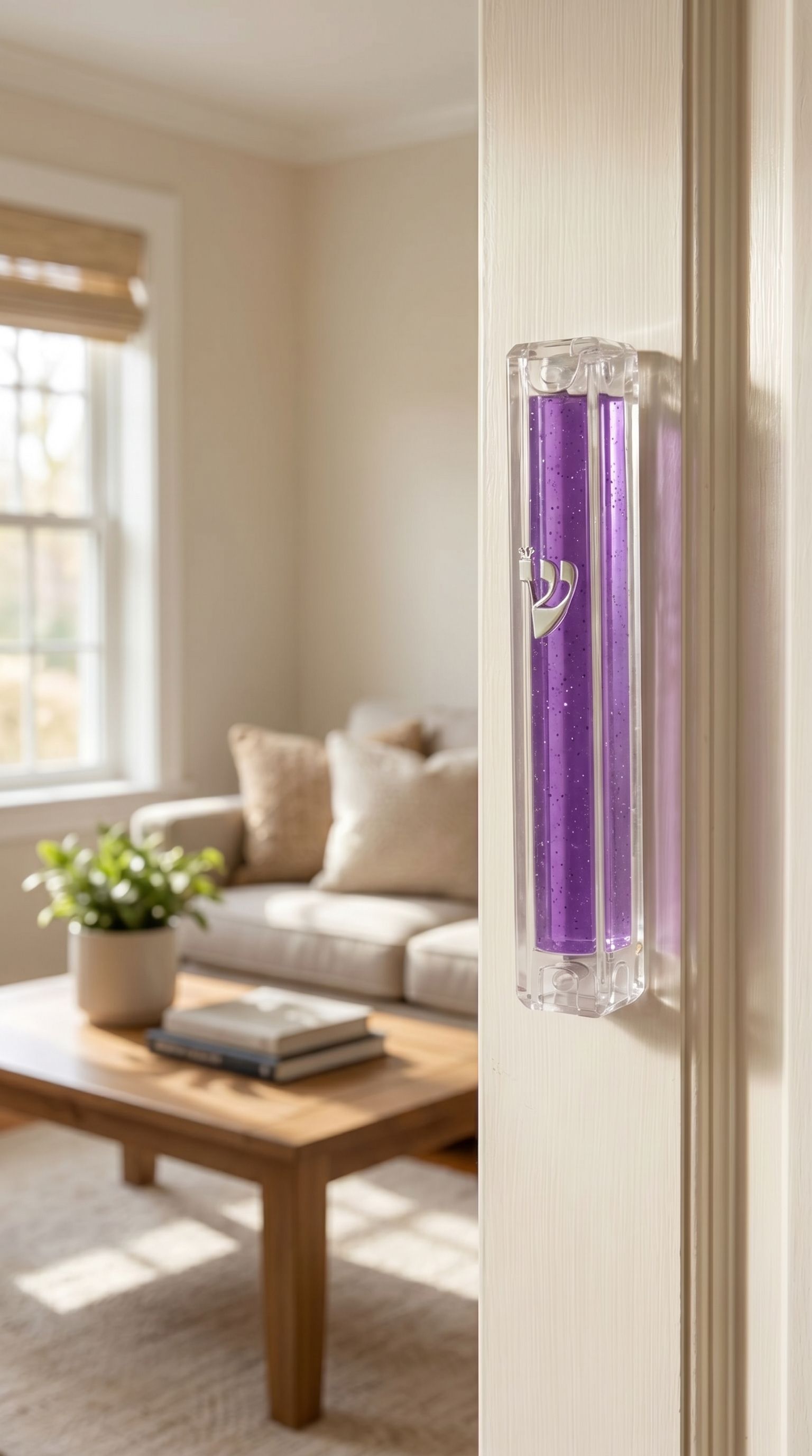 Indoor doorway scene showing purple lucite mezuzah mounted on the door frame for home blessing.