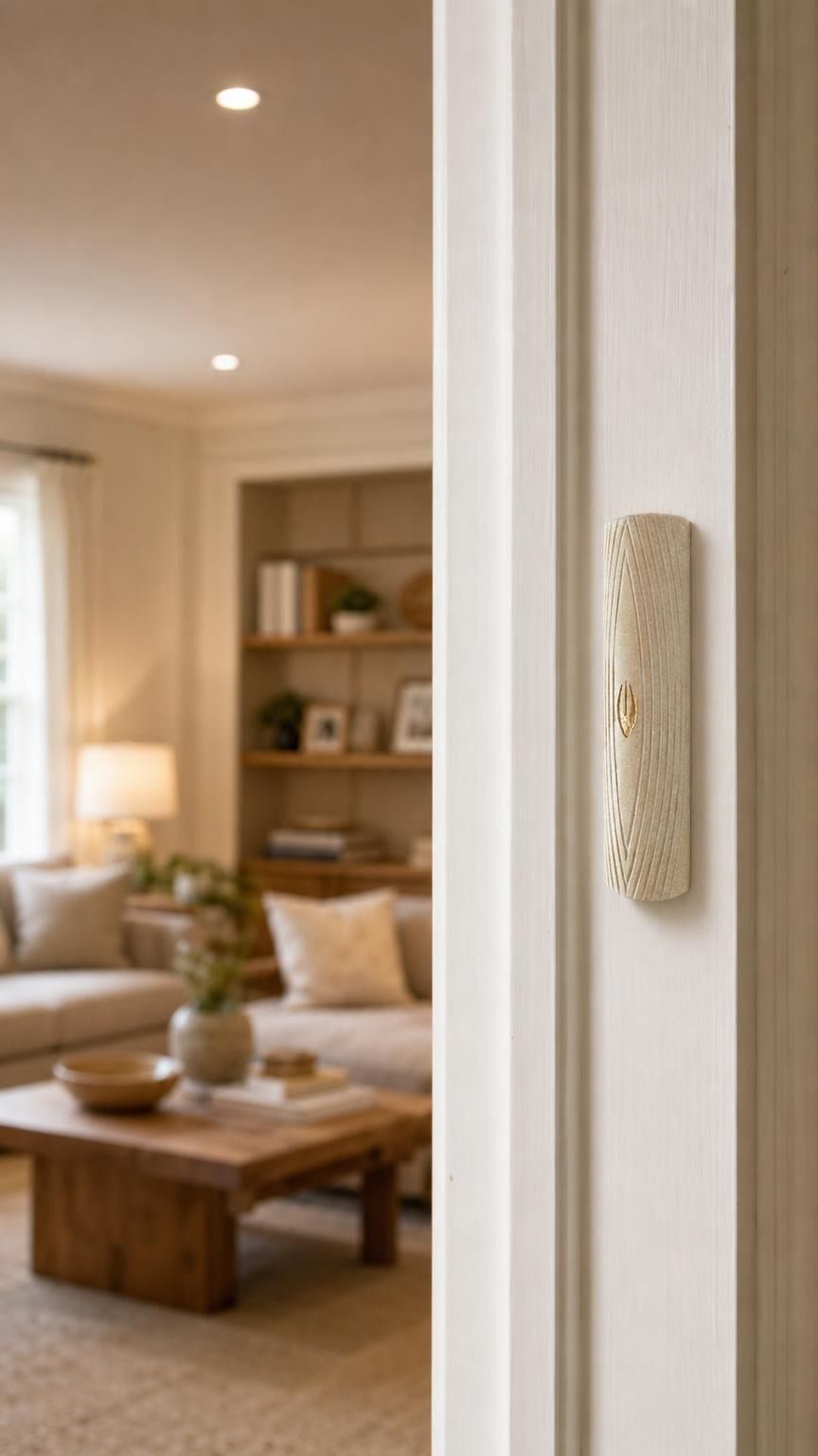 Real Jerusalem stone Golden Arch Mezuzah mounted on a residential doorpost in a natural indoor setting.