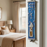 Hyper-realistic indoor scene with pewter mezuzah mounted on doorway wall, showcasing its detailed design and placement.