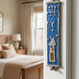 Hyper-realistic indoor scene with pewter mezuzah mounted on doorway wall, showcasing its detailed design and placement.