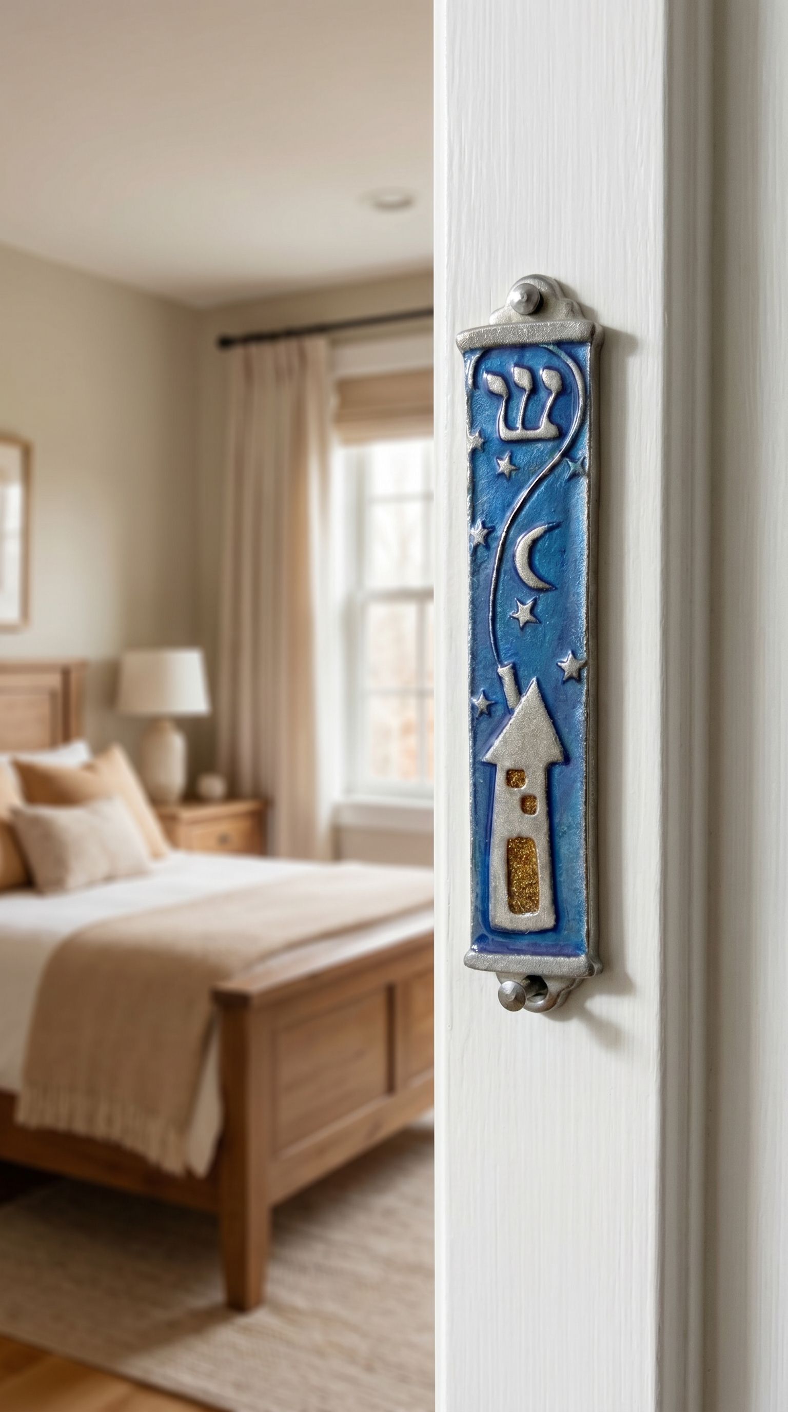 Hyper-realistic indoor scene with pewter mezuzah mounted on doorway wall, showcasing its detailed design and placement.