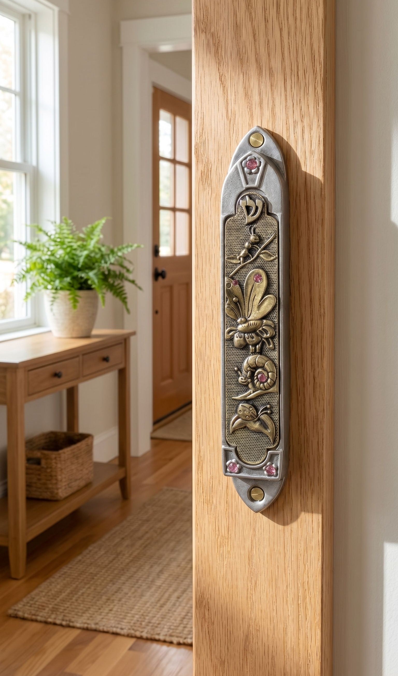 Realistic indoor scene showing a Garden Jewel Pewter Mezuzah mounted on a doorway, in a warm, inviting home environment.