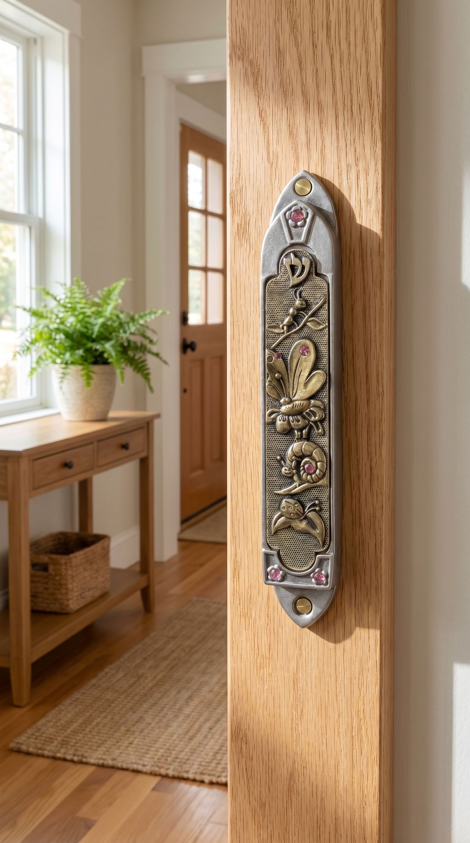 Realistic indoor scene showing a Garden Jewel Pewter Mezuzah mounted on a doorway, in a warm, inviting home environment.