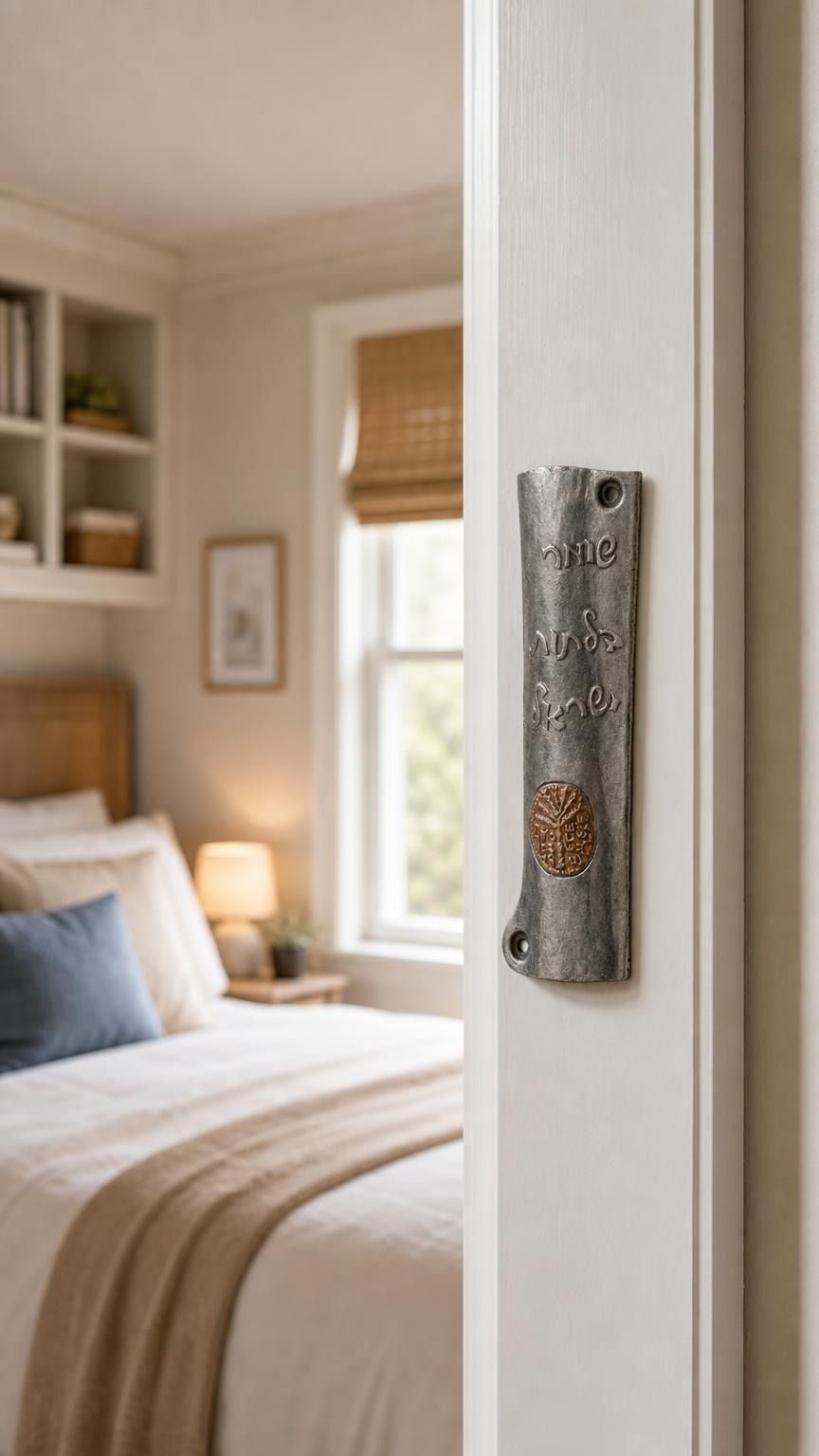 Realistic indoor scene showing the specified ancient Judean coin mezuzah mounted on a residential doorpost at true-to-life scale.