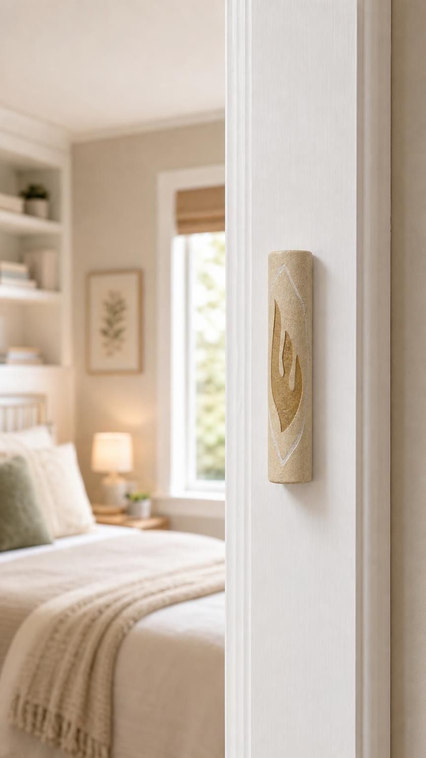 Real Jerusalem stone mezuzah with gold shin on right doorpost in entryway scene.