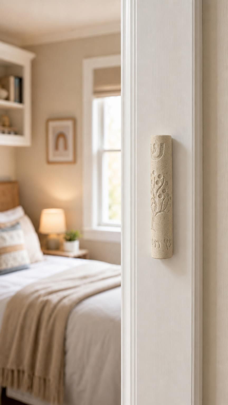 Real Jerusalem stone mezuzah mounted on a residential doorpost in an indoor setting, showcasing natural texture and material.