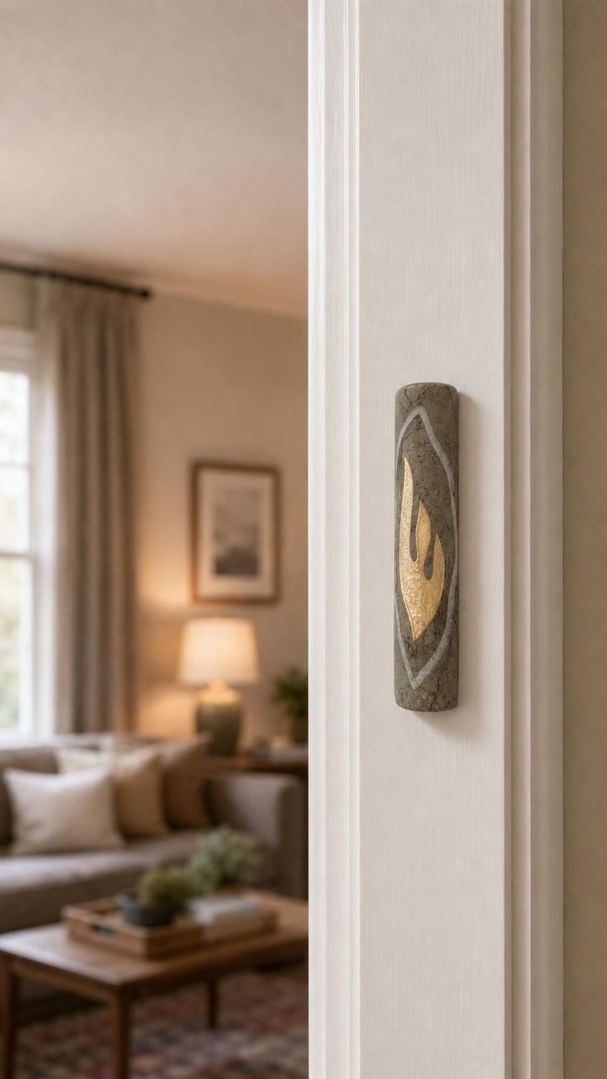 Hyper-realistic indoor scene showing the gray Jerusalem stone mezuzah mounted vertically on a residential doorpost, positioned in the lower third near the edge.