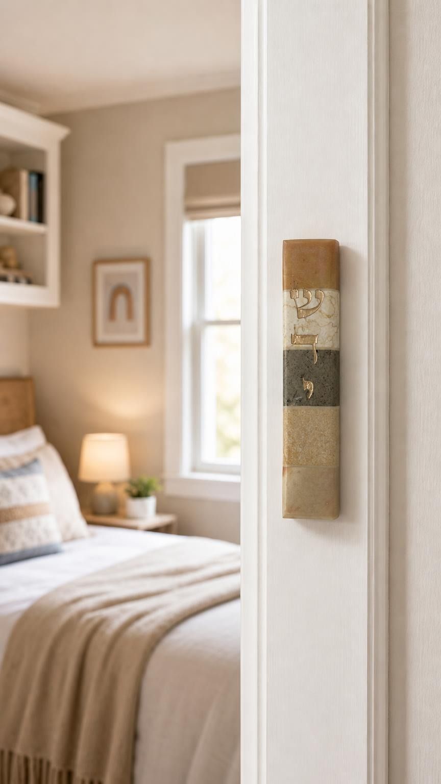 Photorealistic indoor scene showing the Jerusalem Stone Mezuzah mounted on a residential doorpost near the top, right side, with a room visible beyond.