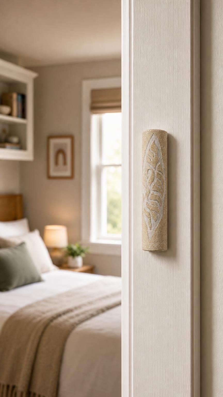 Real Jerusalem stone mezuzah mounted vertically on doorpost in a home's entrance showing natural texture and color variation.