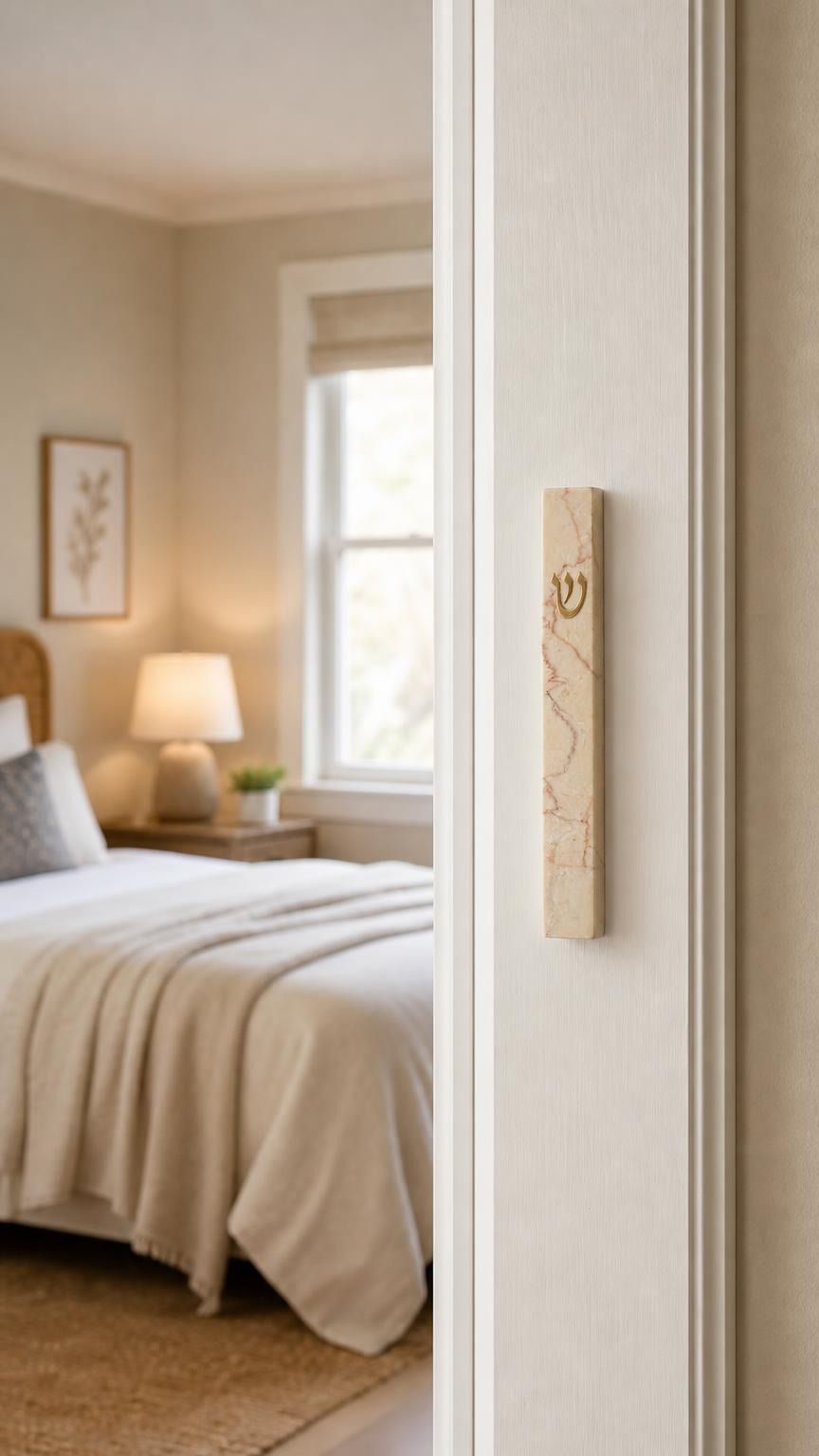 Real Jerusalem stone mezuzah mounted vertically on a residential doorpost, showcasing rose-veined cream natural stone with gold-tone Hebrew letter.