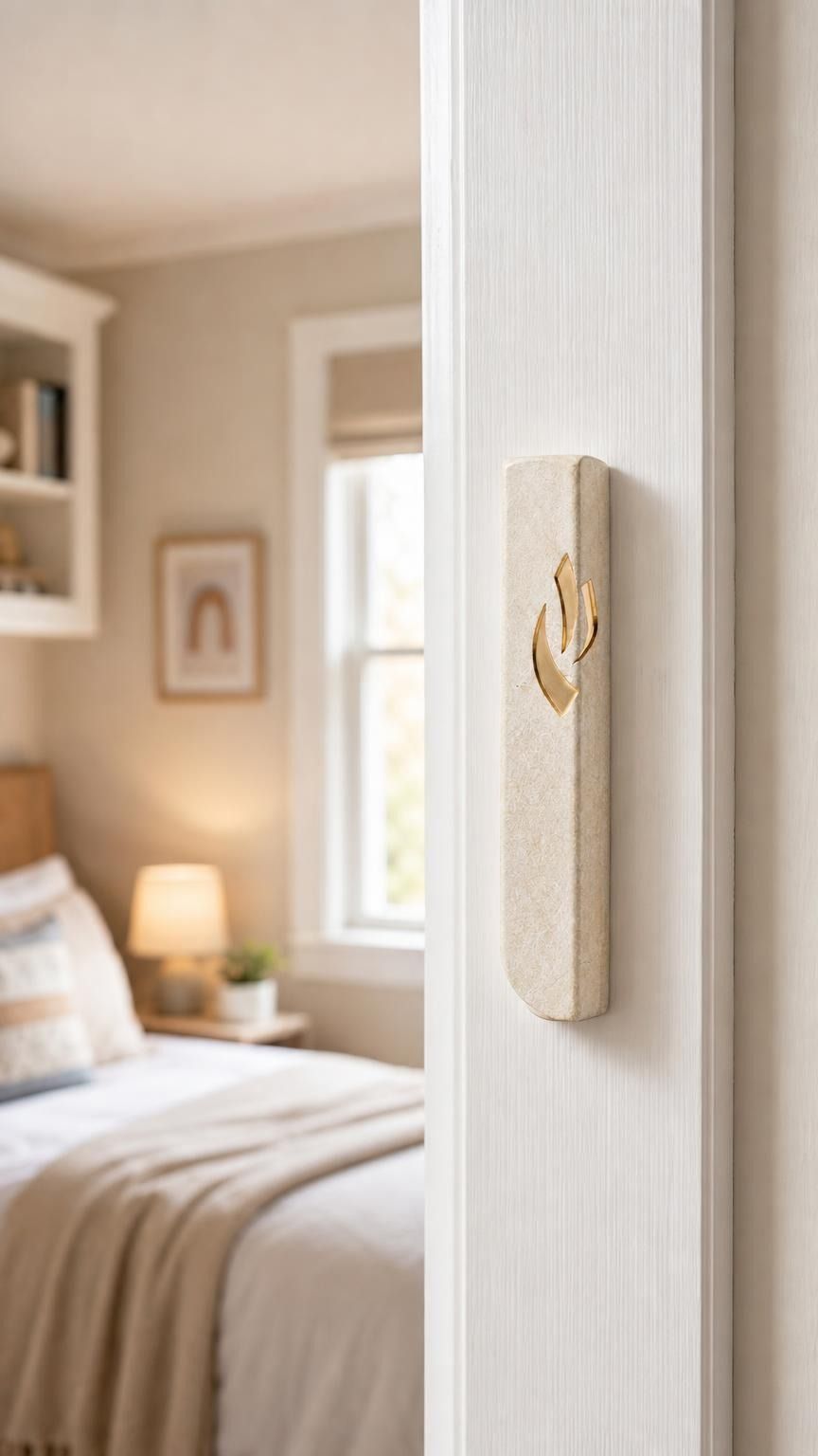 Realistic indoor scene showing Jerusalem stone mezuzah mounted on right doorpost of a residential entryway.