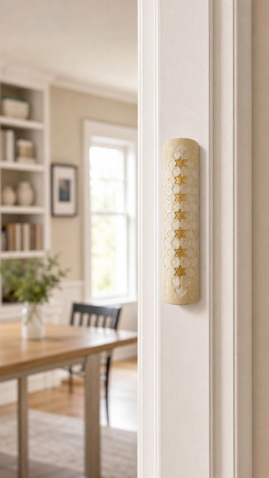 Real Jerusalem stone mezuzah mounted on a residential doorpost in a natural indoor setting, showcasing its handcrafted design and natural surface characteristics.