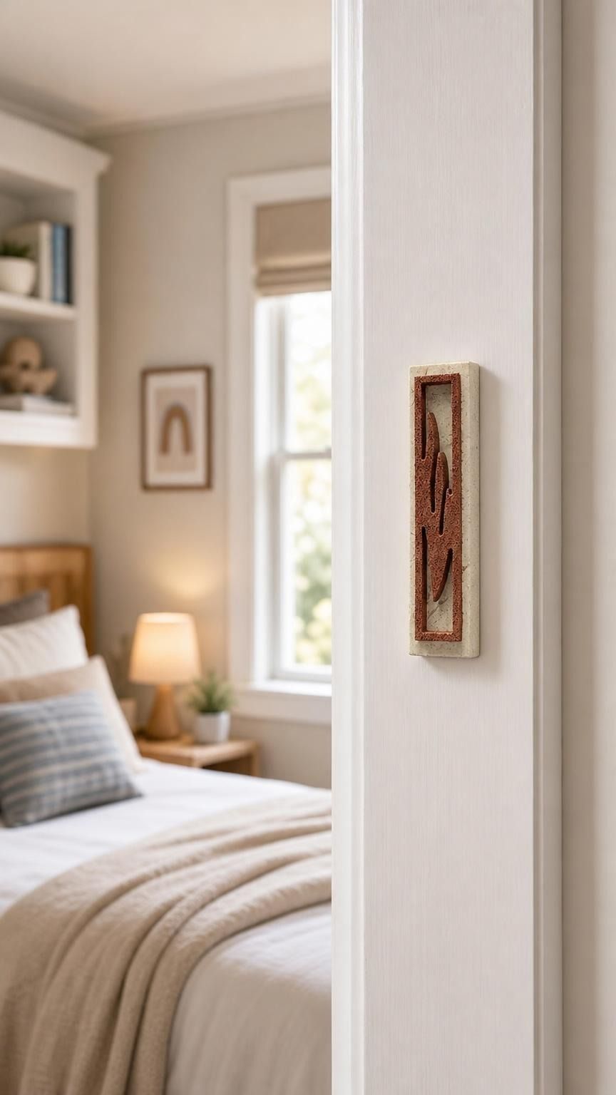 Realistic indoor scene showing Jerusalem stone mezuzah mounted vertically on a doorpost at entryway, with interior room visible.