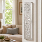 Realistic indoor scene showing the Blessings of Peace Silver Acrylic Mezuzah mounted on a residential doorpost in a natural home setting.