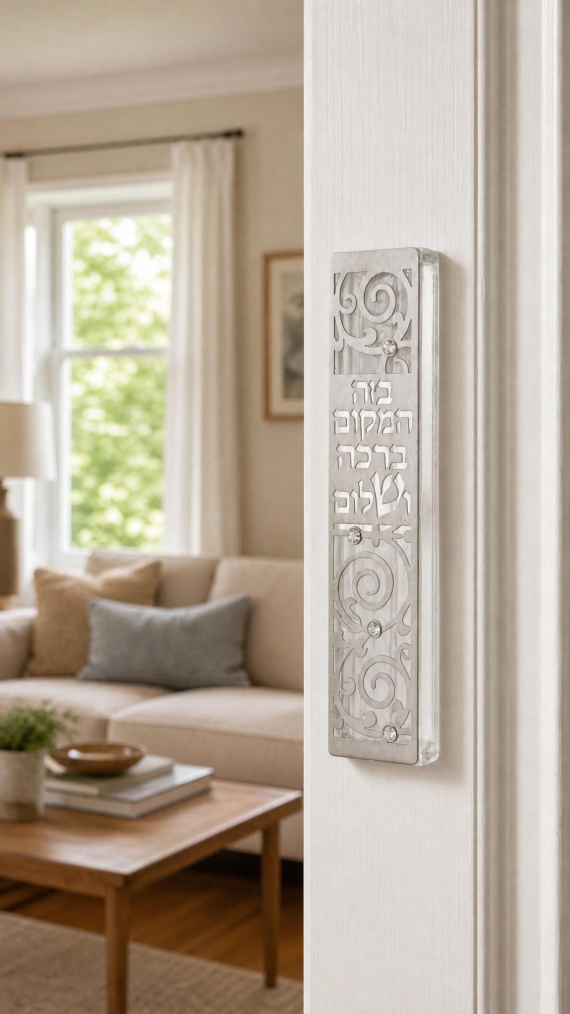 Realistic indoor scene showing the Blessings of Peace Silver Acrylic Mezuzah mounted on a residential doorpost in a natural home setting.