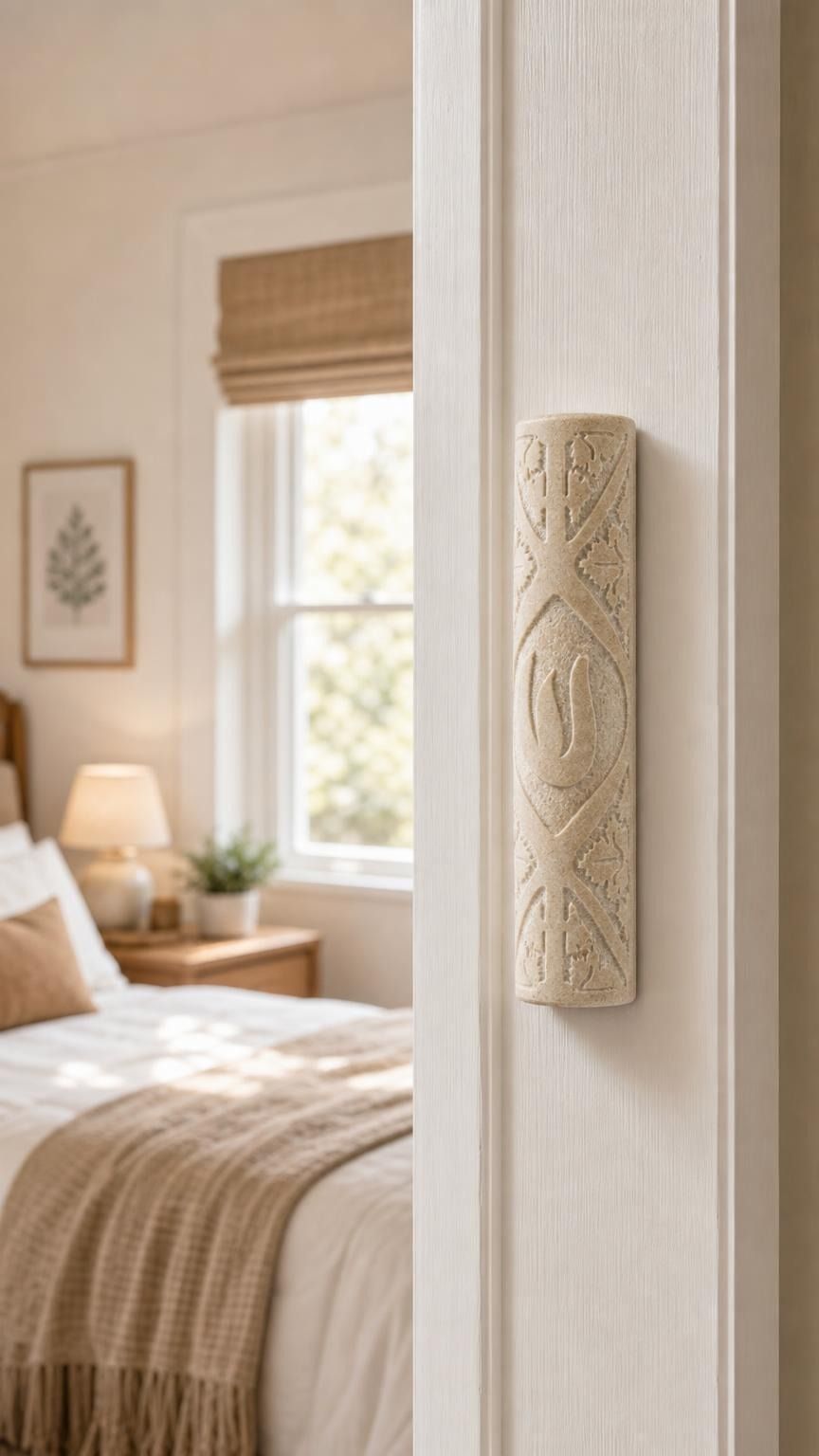 Real Jerusalem stone mezuzah mounted vertically on a residential doorpost in a natural indoor setting.