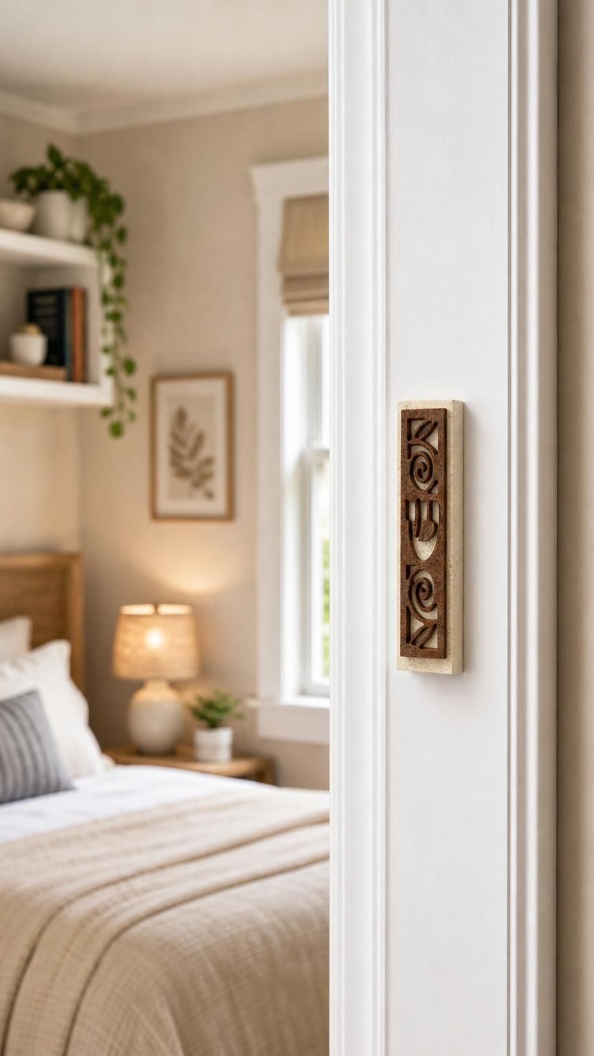 Realistic indoor scene showing Jerusalem stone mezuzah mounted on residential doorpost near entrance, positioned on right side at lower third.